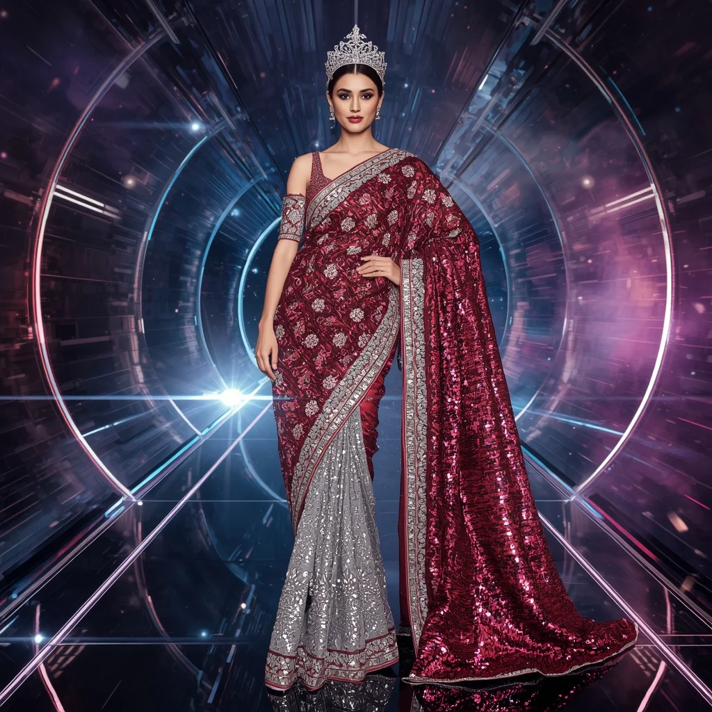 Garnet Silver Solar Crown Hyperqueen Saree with Nova Prism Megaverse Infinite Supreme | Traditional Prompt For Gemini Ai Girl Aesthetic