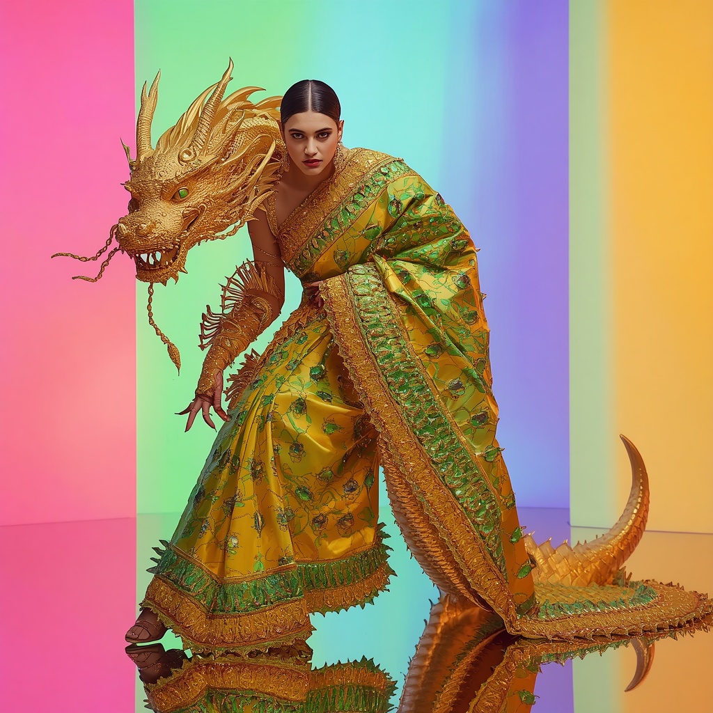 Giant 3D Sculpted Golden Dragon Saree with Emerald Scale Armor | Character Design Ai Prompt