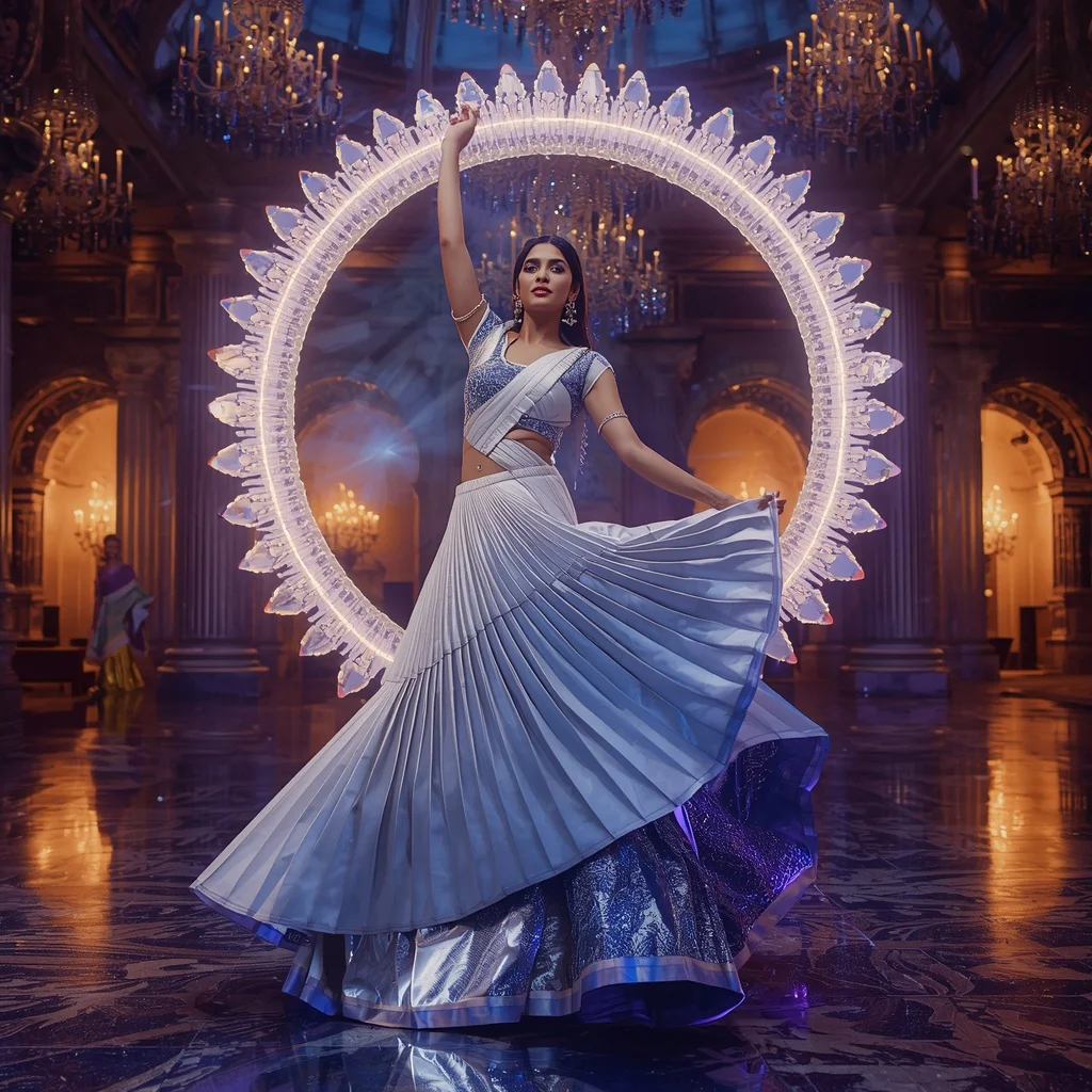 Giant Crystal Halo Saree with Celestial Dream Fire Palace | Lehenga Choli Ai Prompt