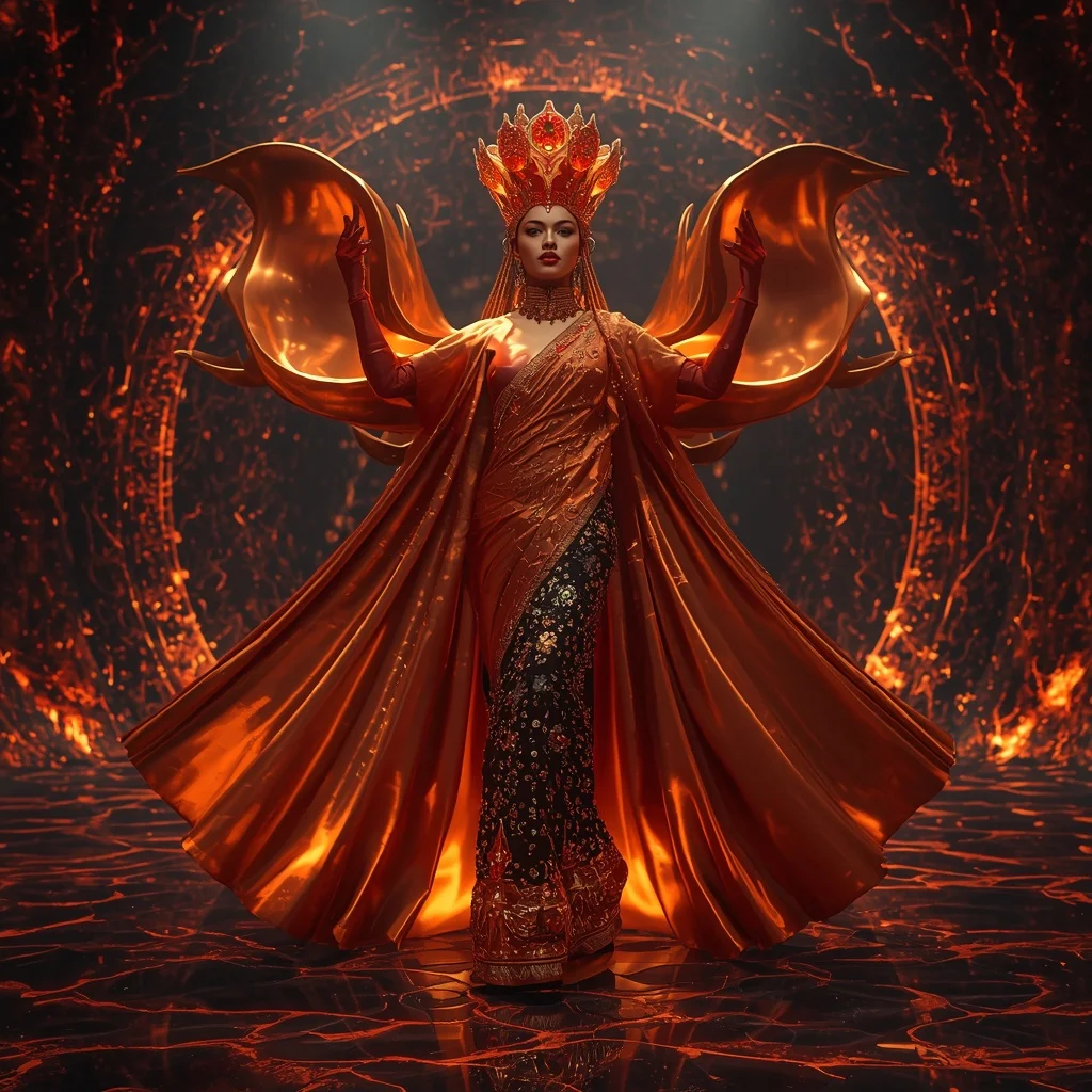 Giant Metallic Ember Crown Saree with Floating Lava Reflection Fortress | Ideogram Ai Prompt