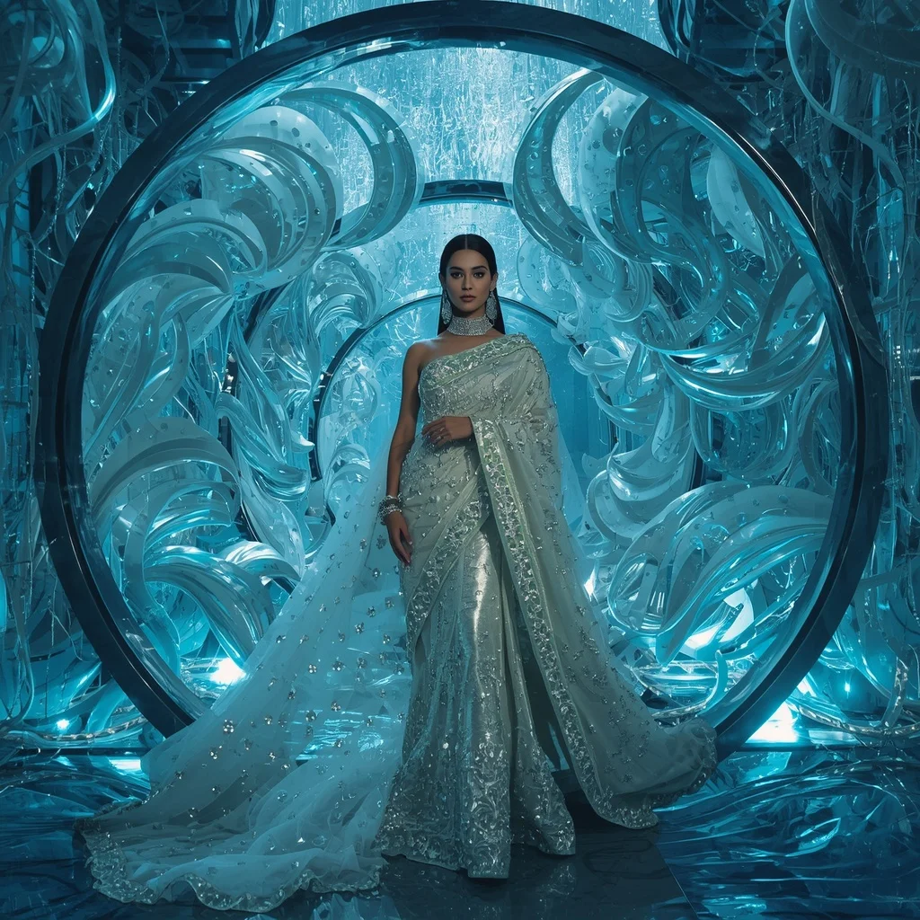 Giant Metallic Pearl Wave Saree with Floating Ocean Dream Cathedral | Fitness Model Ai Prompt