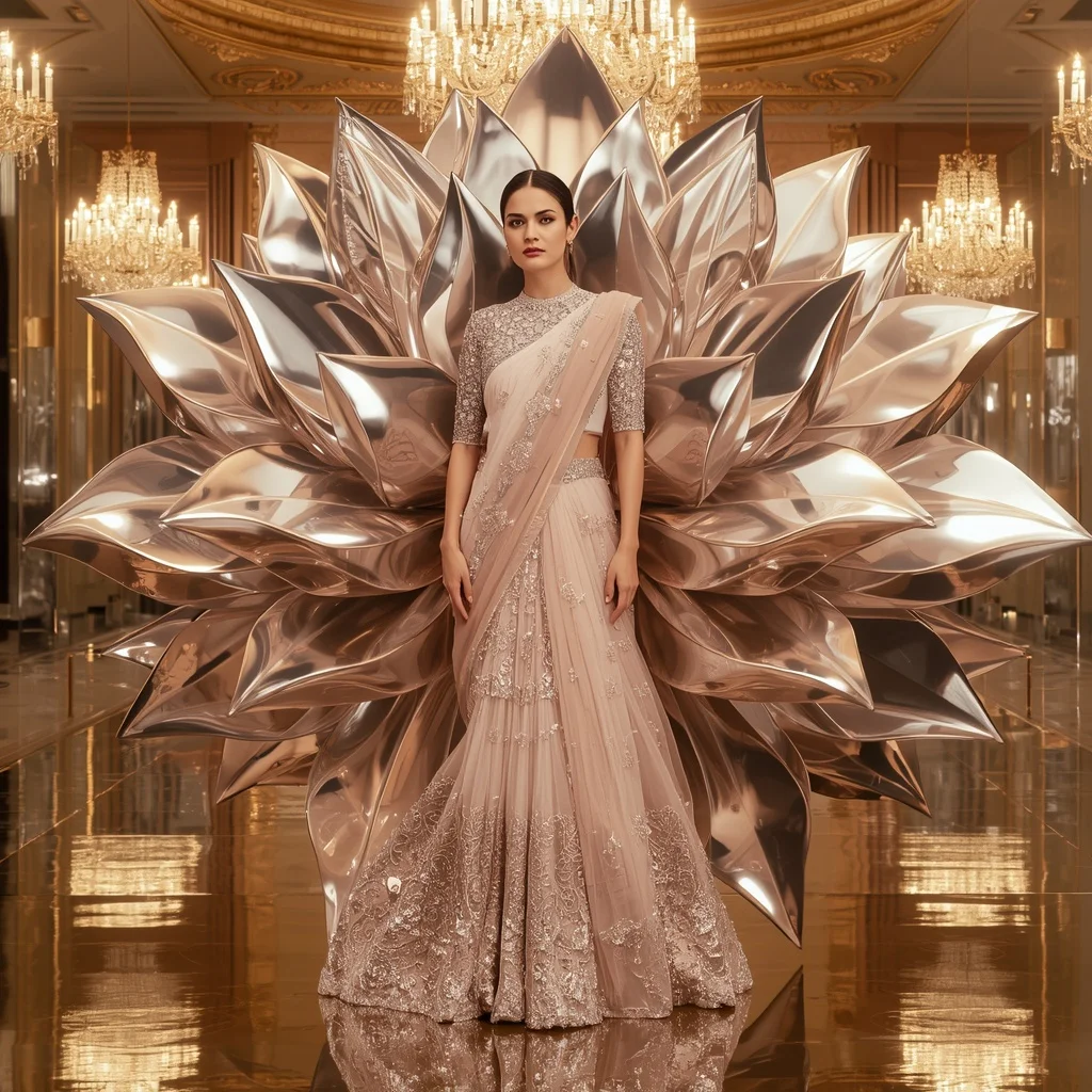 Giant Mirror Lotus Saree with Divine Celebration Infinity Hall | Prompt For Gemini Ai Girl Style Trending Instagram