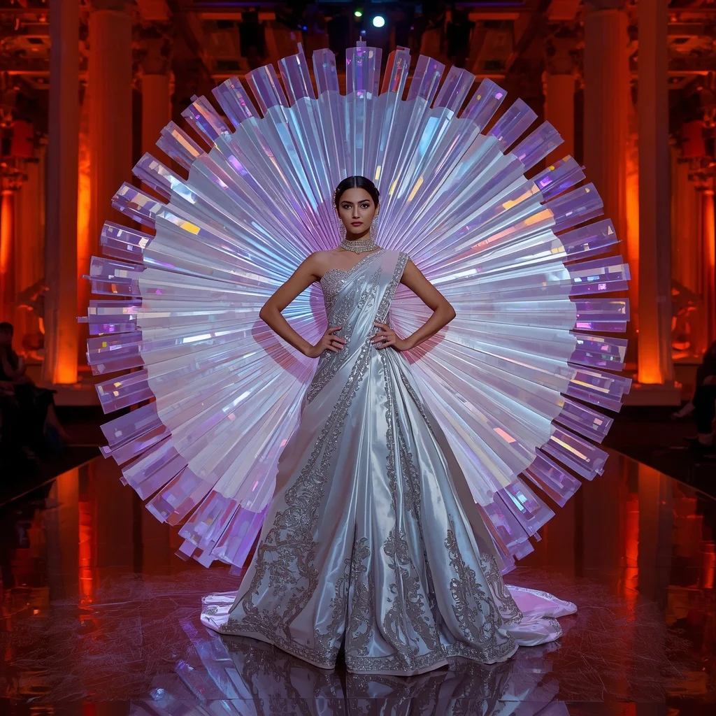 Giant Prism Fan Saree with Holographic Royal Infinity Fire Ballroom | Saree Pose Ai Prompt