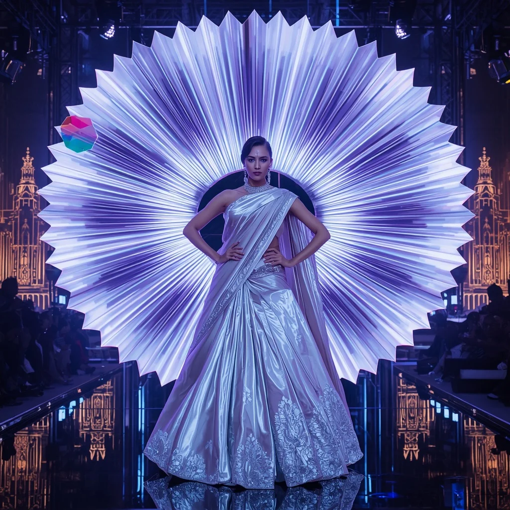 Giant Prism Fan Saree with Holographic Royal Infinity Universe | Fashion Influencer Ai Prompt