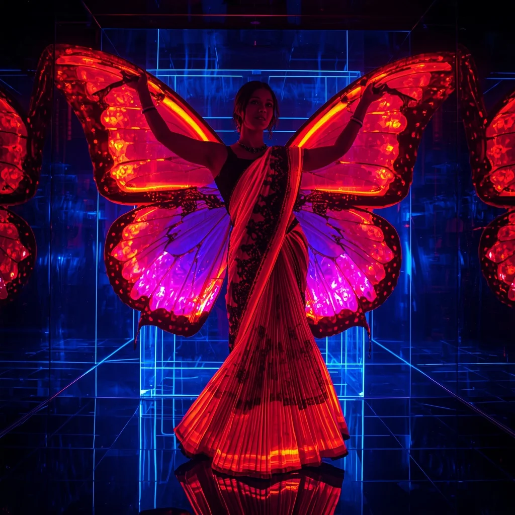 Glowing Plasma & Heavy 3D Holographic Lace Butterfly Saree | Modern Design Ai Prompt