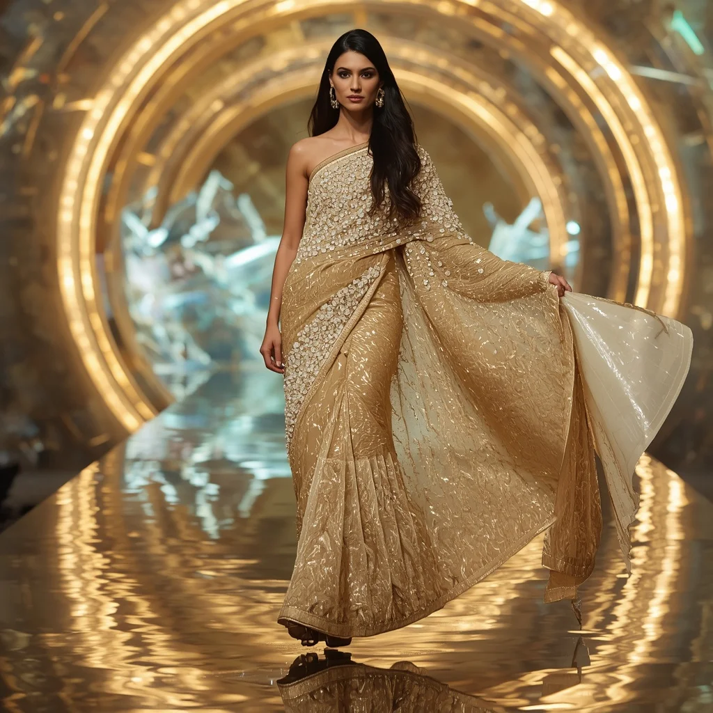 Golden Aurora Cascade Saree with Infinity Light Waves | Viral Instagram Ai Prompt