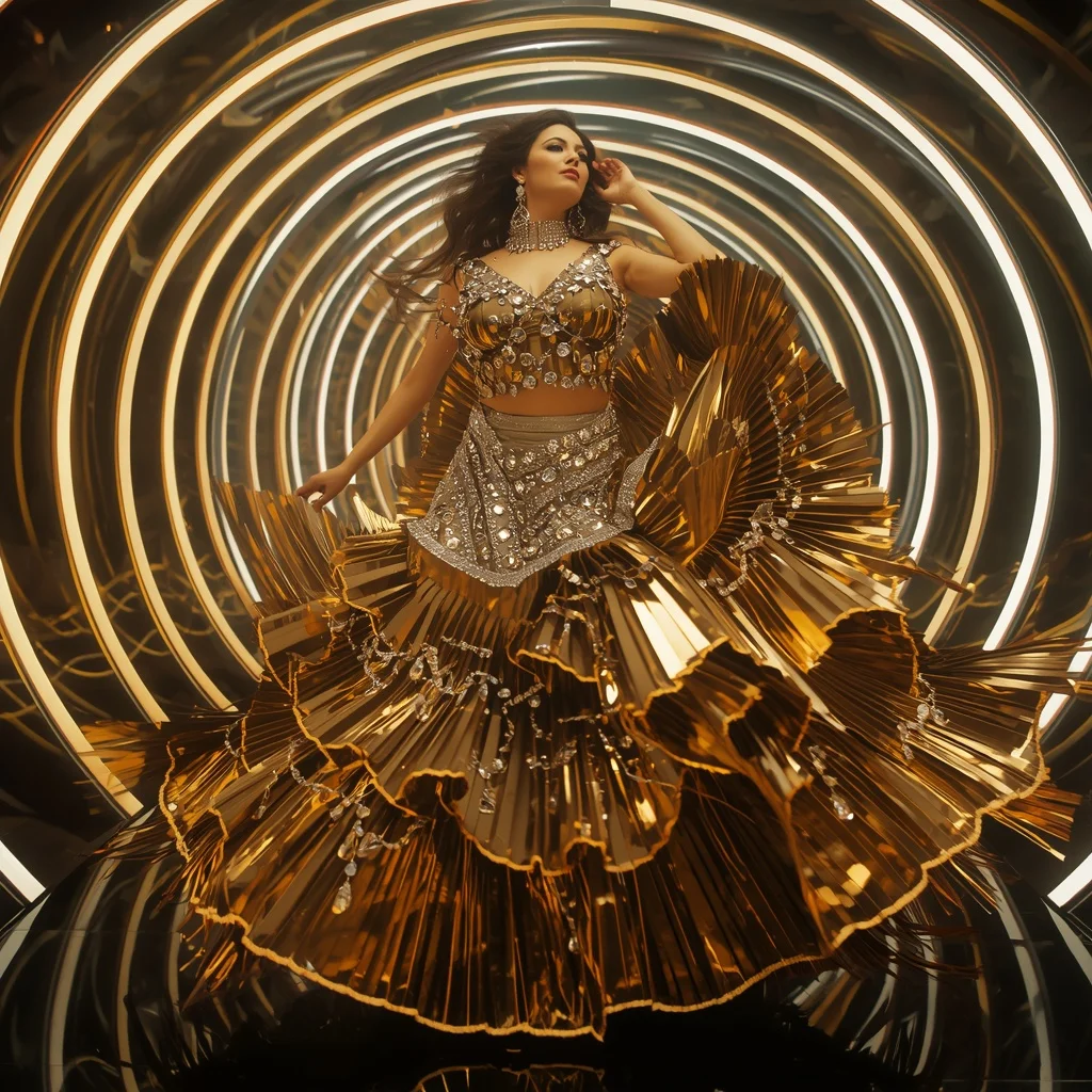 Golden Eclipse Armor Saree with Neon Spiral Infinity Atrium | Viral Image Prompt