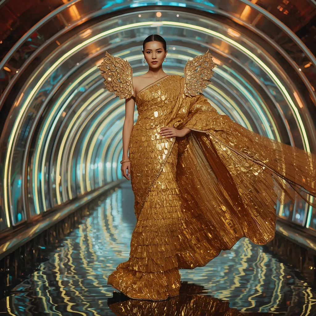 Golden Galaxy Flame Saree with Floating Aurora Tunnel | Polaroid Girl Ai Prompt