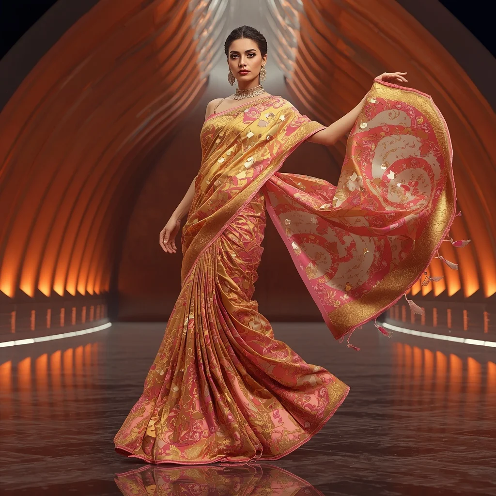 Golden Inferno Infinityqueen Orchid Festival Saree with Solar Infinity Jewel Crown Dominion Sanctuary | Fantasy Ai Prompt