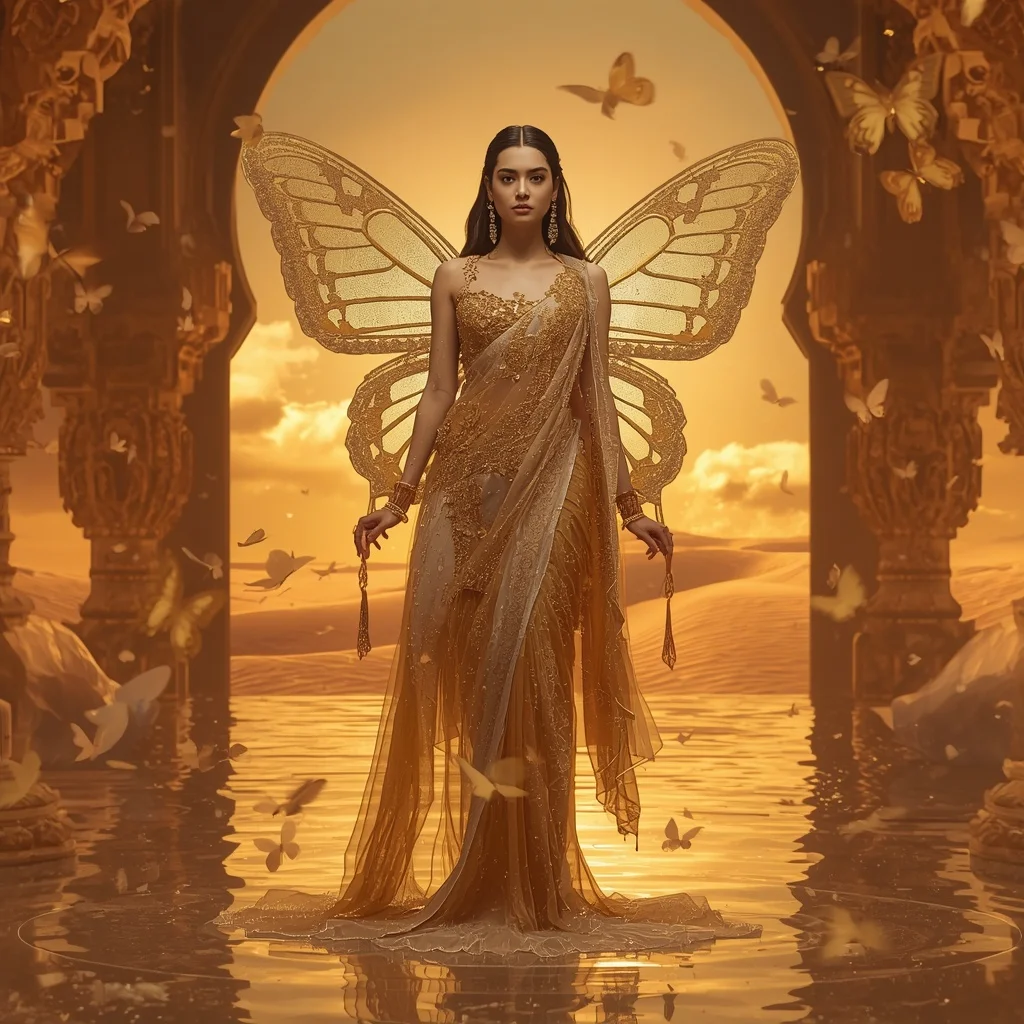 Golden Mirage Butterfly Waterfall Saree with Desert Aurora Background | Saree Ai Prompt