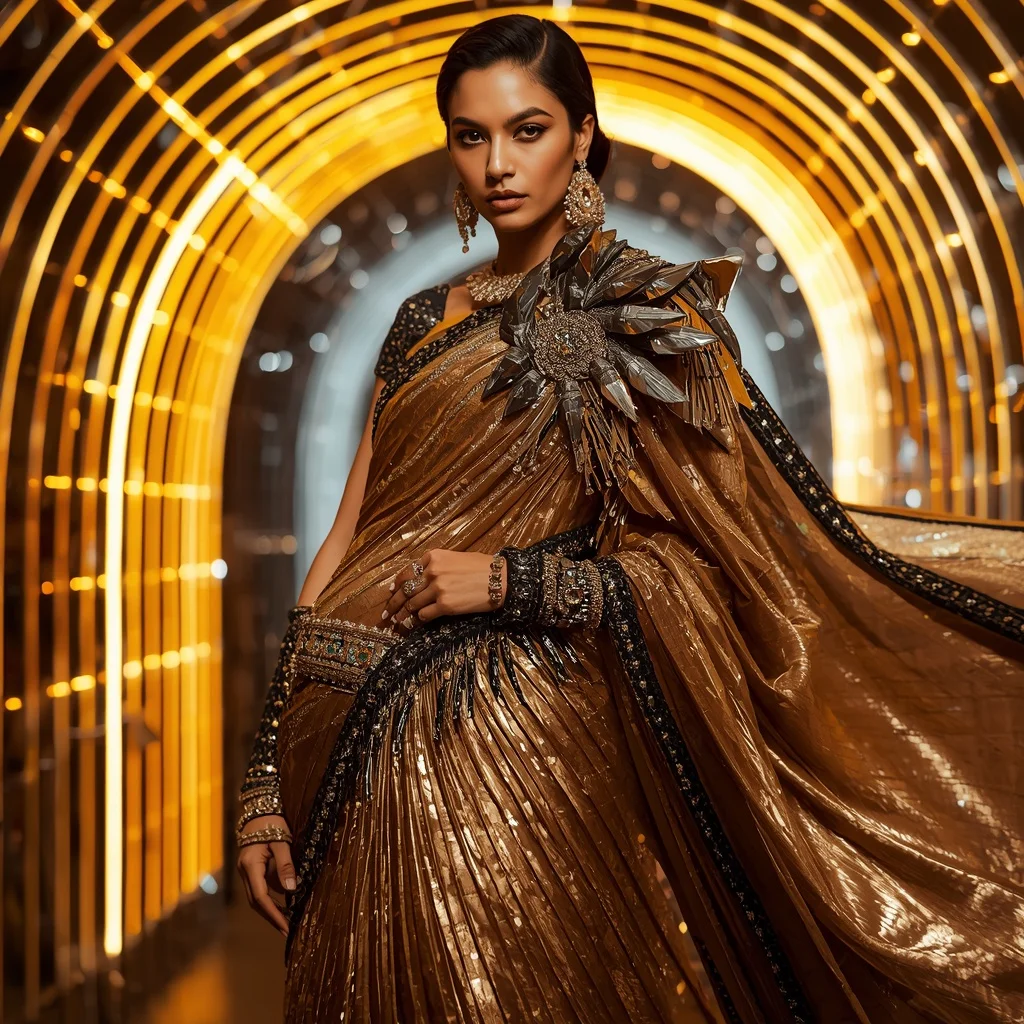 Golden Obsidian Mirror Saree with Curved Laser Kingdom | Saree Ai Prompt
