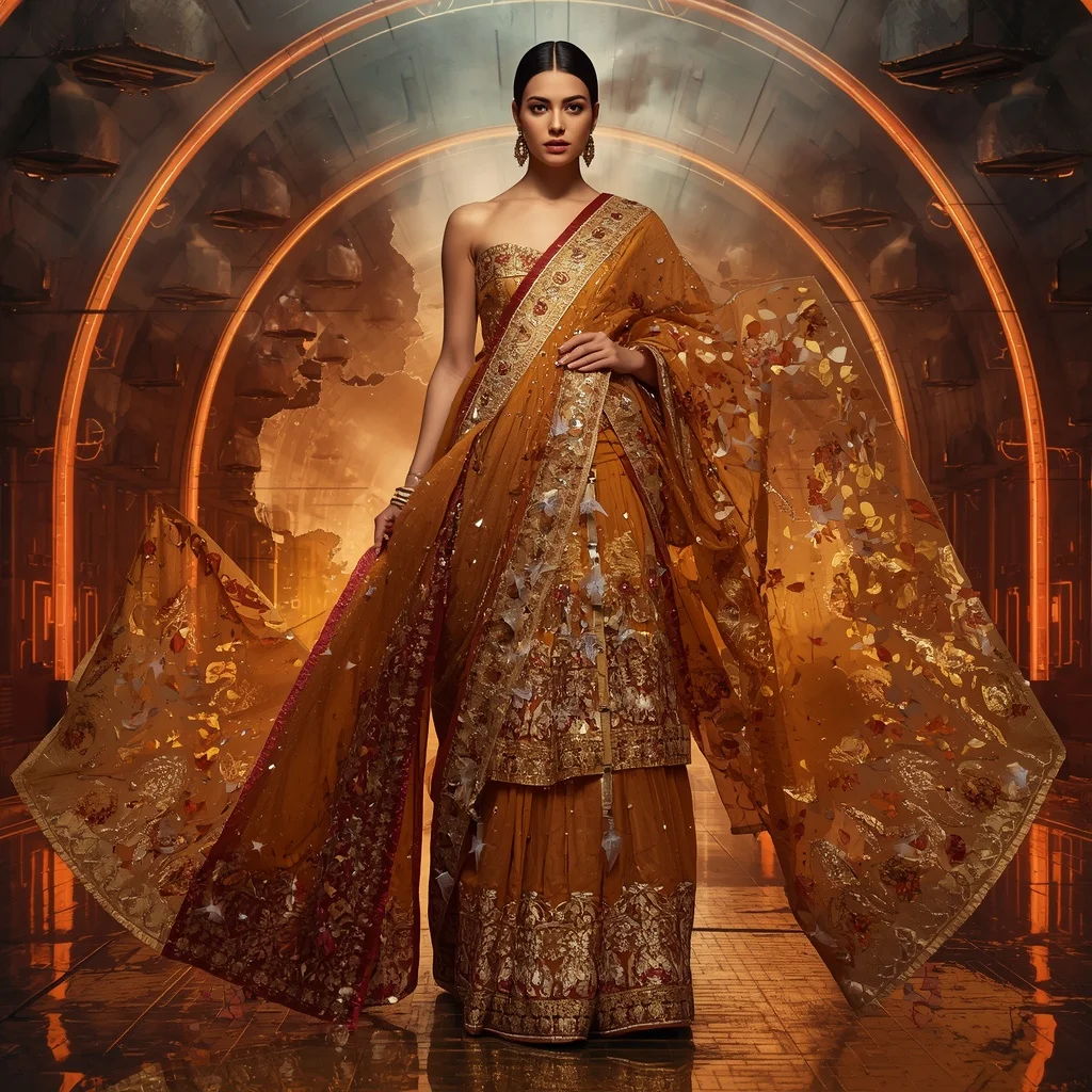 Golden Phoenix Majesty Saree with Floating Arc Kingdom | Saree Prompt Text To Image