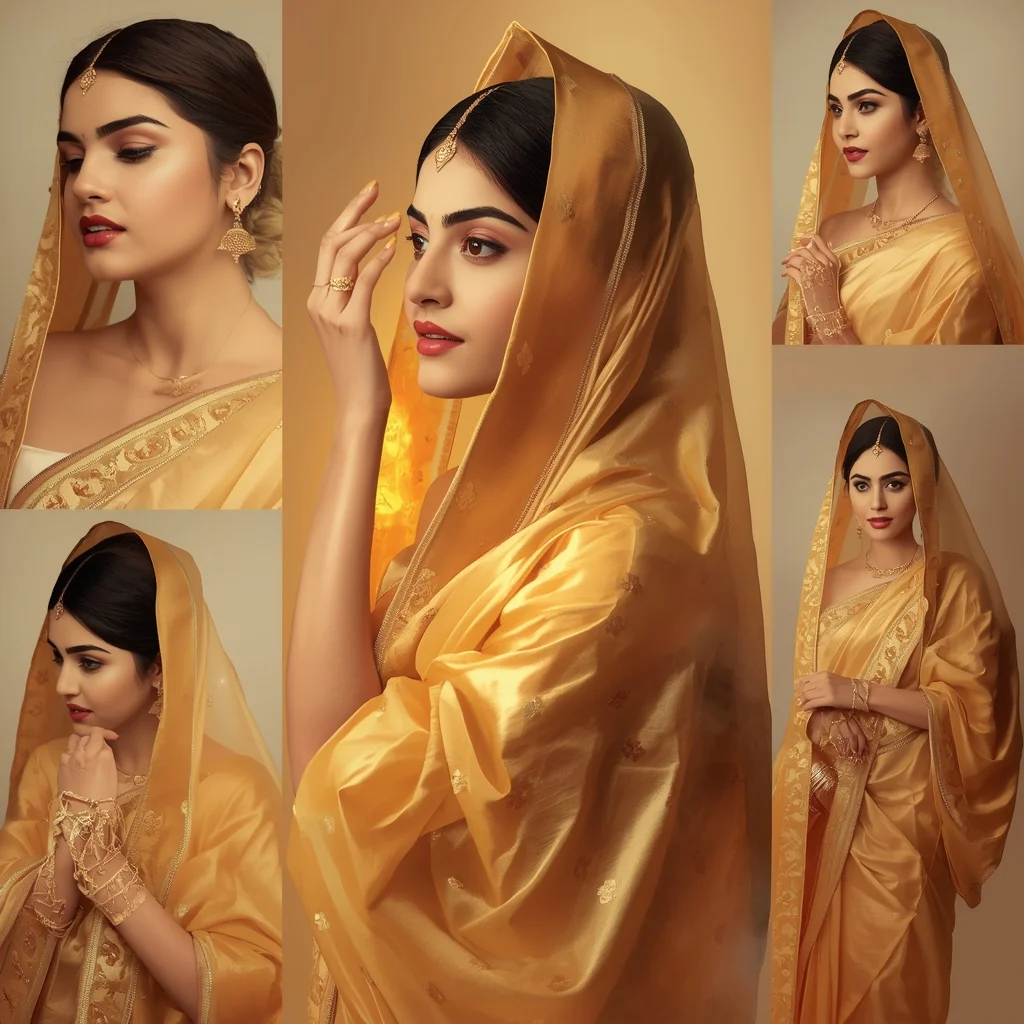 Golden Saffron Silk Pastel Saree Indian Woman Premium Collage | New Prompt