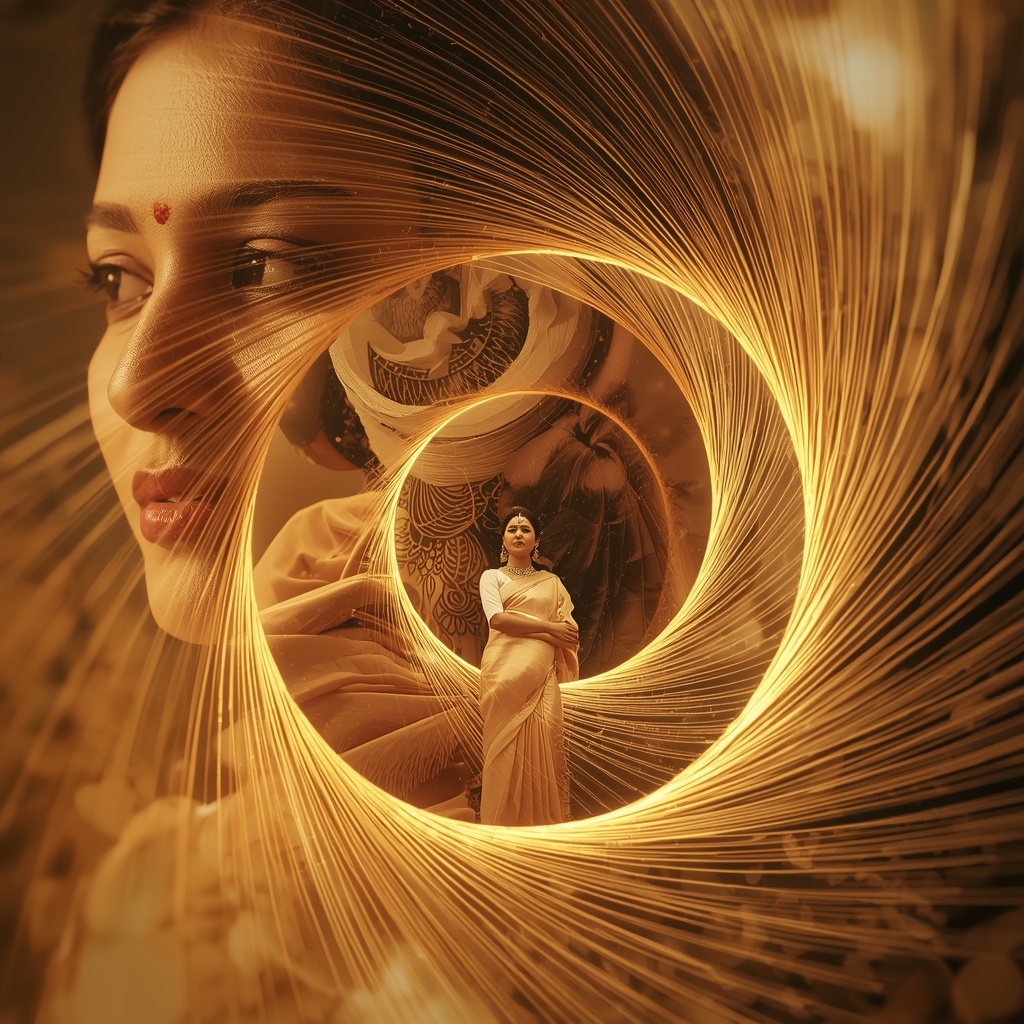 Golden Time Spiral Pastel Saree Image Prompt Infinite Motion Cinematic Collage Saree Prompt | Saree Photoshoot Ai Prompt