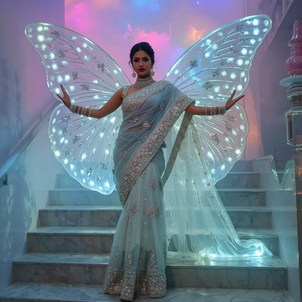 Heavy Frosted Quartz & Silver Fiber Optic Butterfly Saree with Staircase Cascade Pose | Ai Gemini Photo Prompt