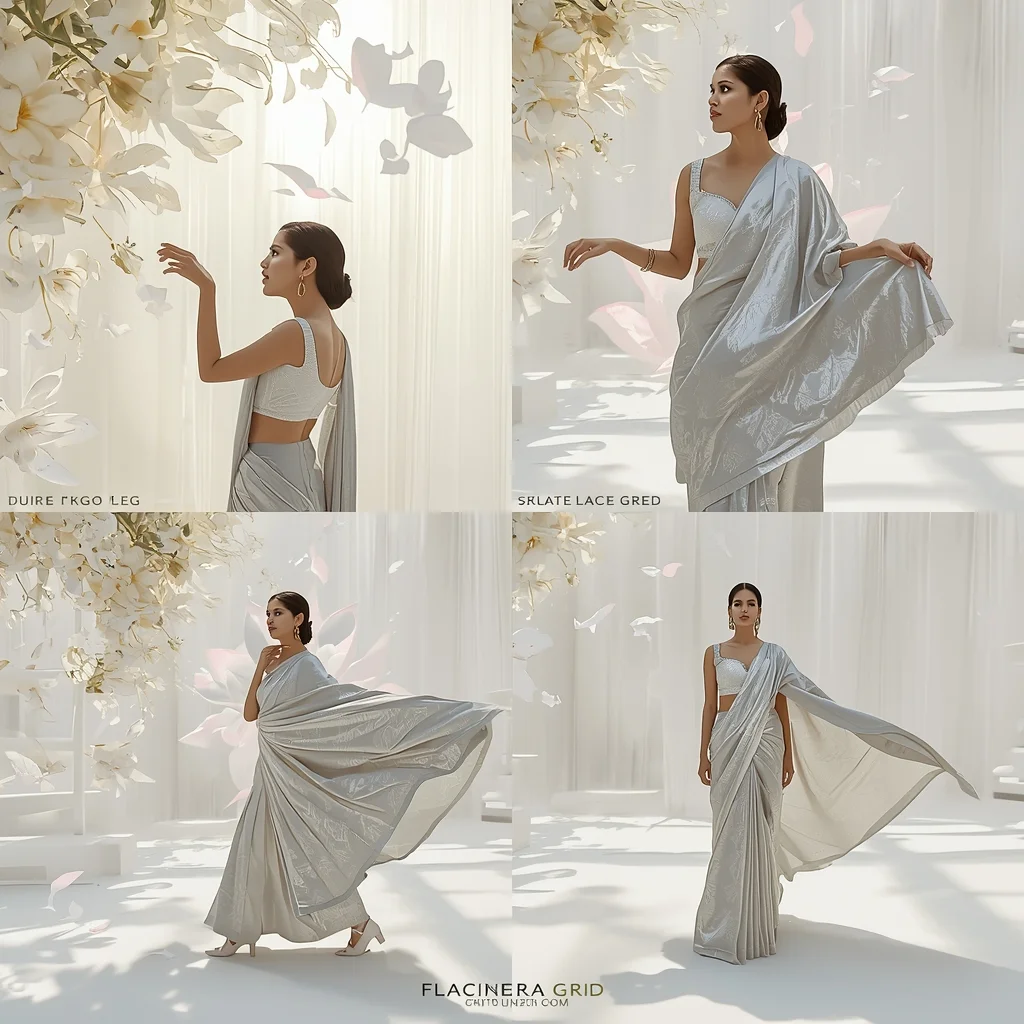 Holographic White Lotus Silk Grid Sunlit Luxury Fashion | Saree Trending Ai Prompt