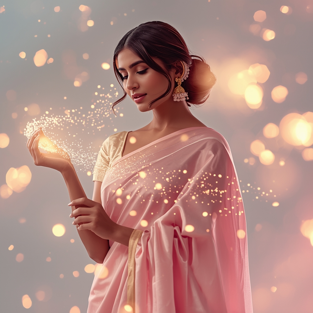 Indian Woman In Pastel Saree Interacting With Swirling Light Particles Visual Layout | Gemini Ai Saree Prompt