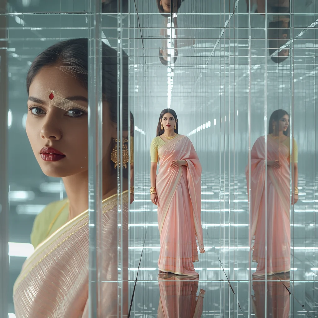 Infinite Mirror Reflection Pastel Saree Image Prompt Luxury Tunnel Cinematic Collage Saree Prompt | Gemini Ai Photo Prompt Copy Paste