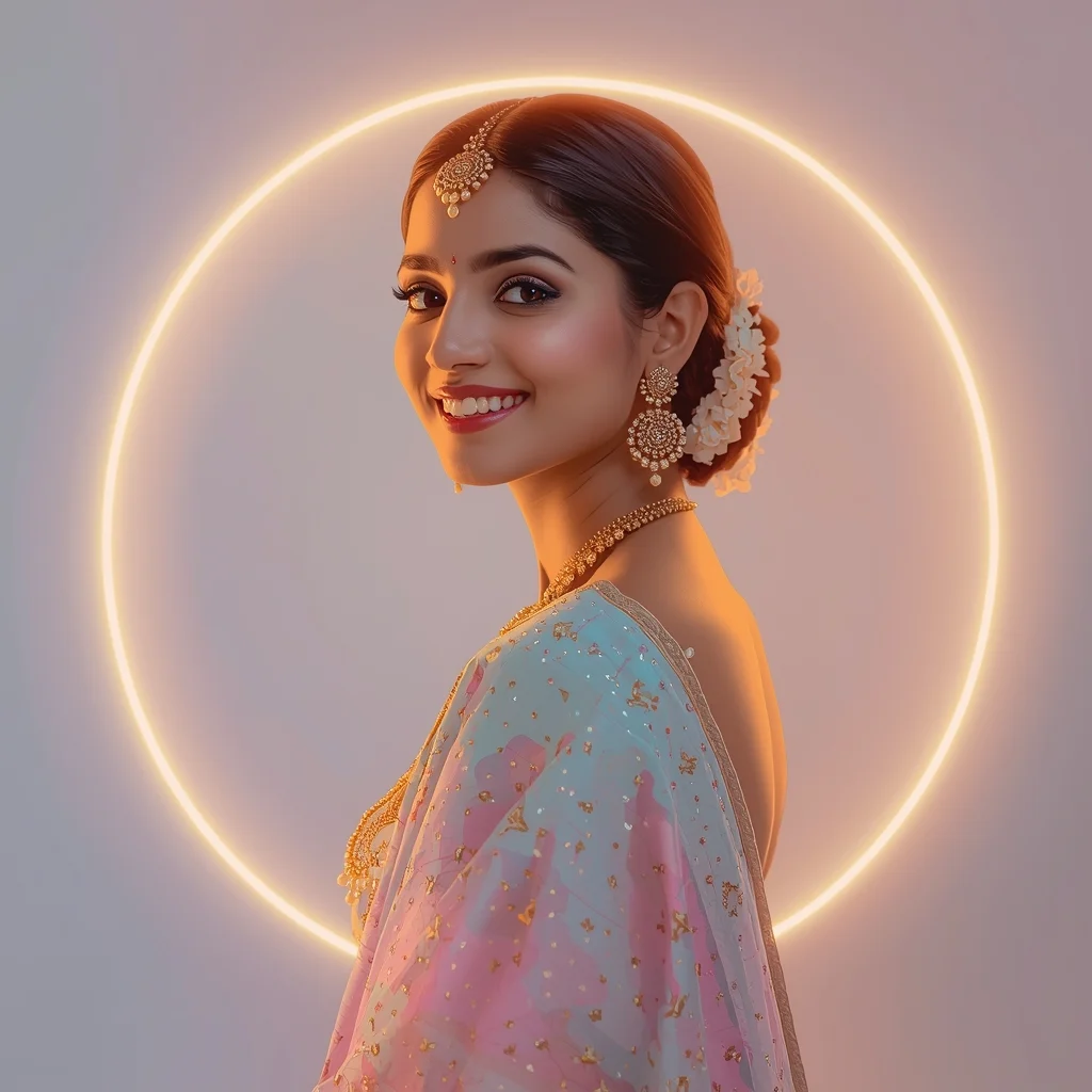 Infinity Pulse Halo Drift Pastel Saree Indian Woman Premium Composition | Gemini Saree Prompt Text