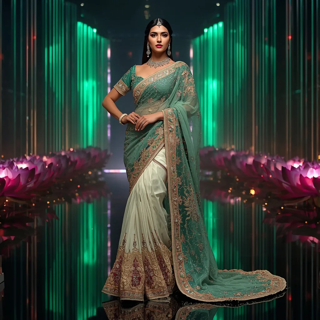 Jade Prism Mythicqueen Saree with Reflective Lotus Celestiverse and Aurora Pulse Infinityfalls | Pre Wedding Photoshoot Ai Prompt