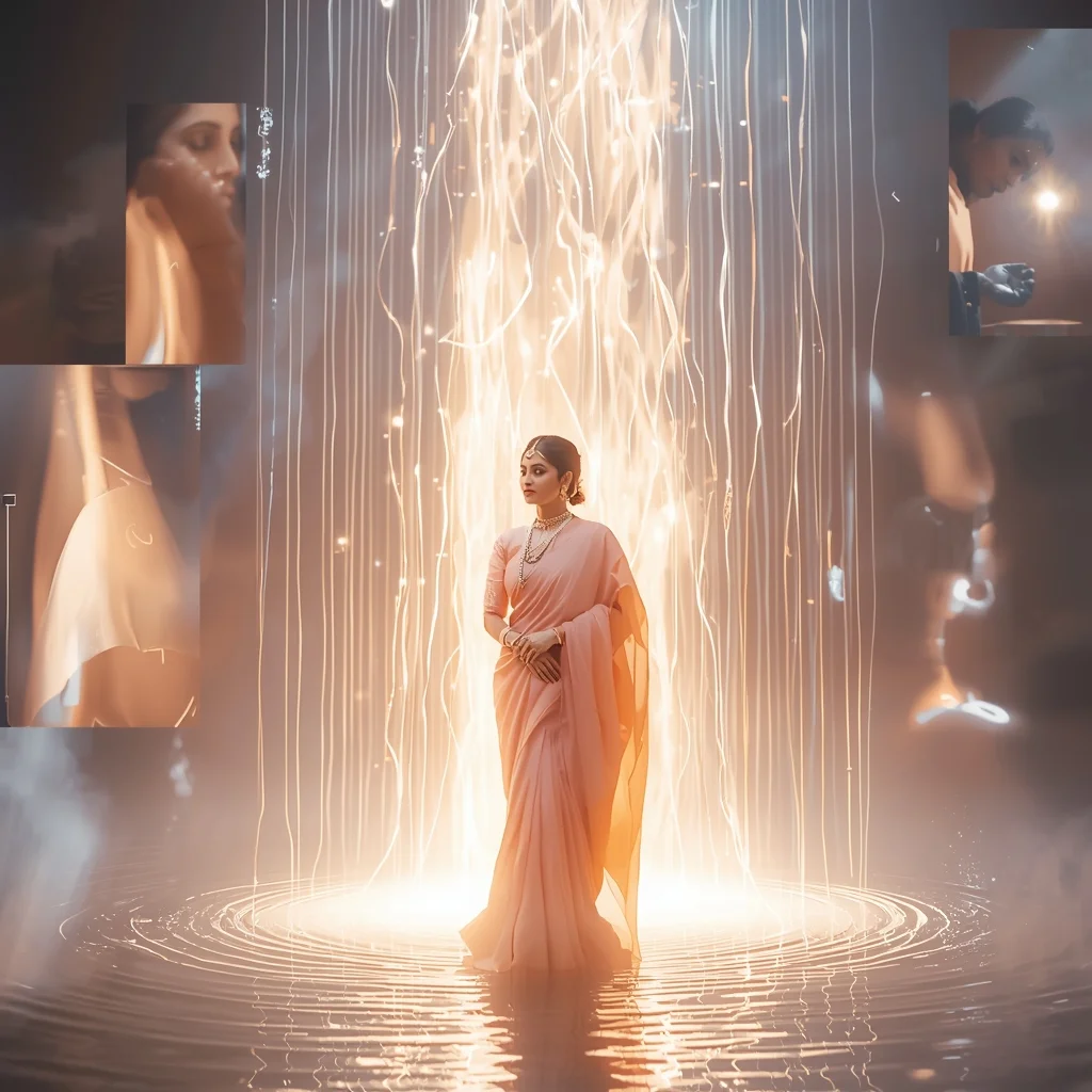 Light Waterfall Glow Pastel Saree Image Prompt Dreamy Portal Cinematic Collage Saree Prompt | Romantic Ai Prompt