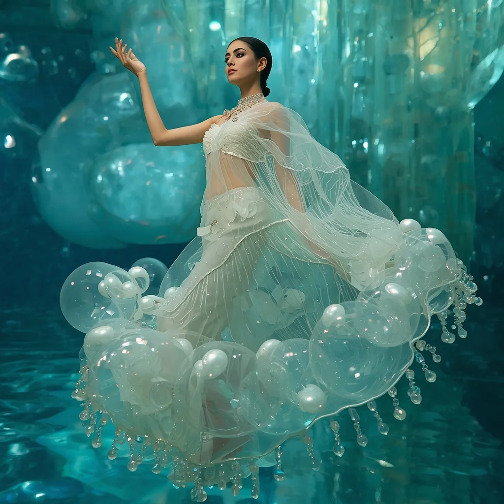 Liquid Bubble Pearl Saree with Floating Aqua Crystal Fortress | Aesthetic Pinterest Girl Prompt