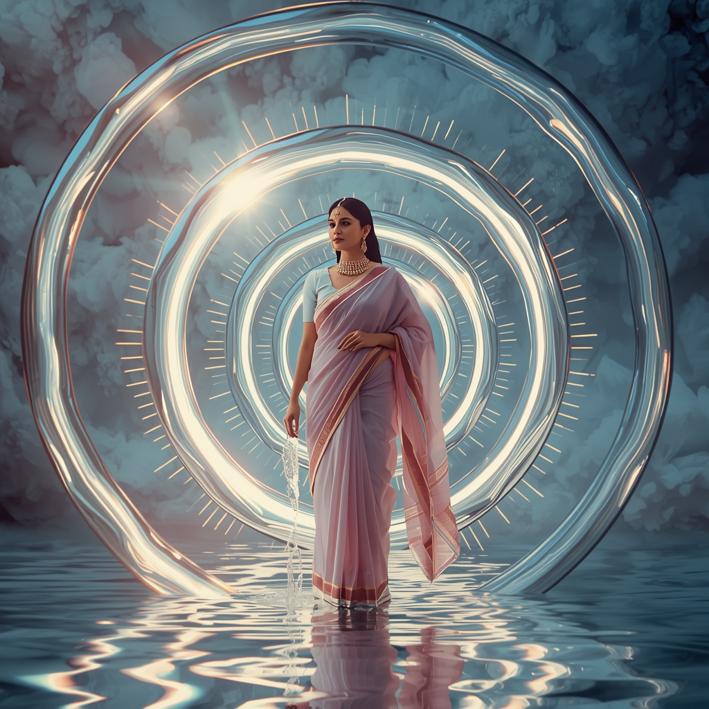 Liquid Halo Rings Pastel Saree Image Prompt Water Light Fusion Cinematic Collage Saree Prompt | Gemini Saree Prompt For Instagram