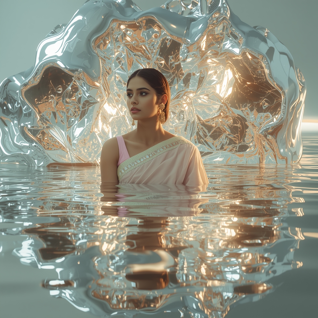 Liquid Mirror Bloom Pastel Saree Image Prompt Reflection Dreamscape Cinematic Collage Saree Prompt | Saree Woman Ai Prompt