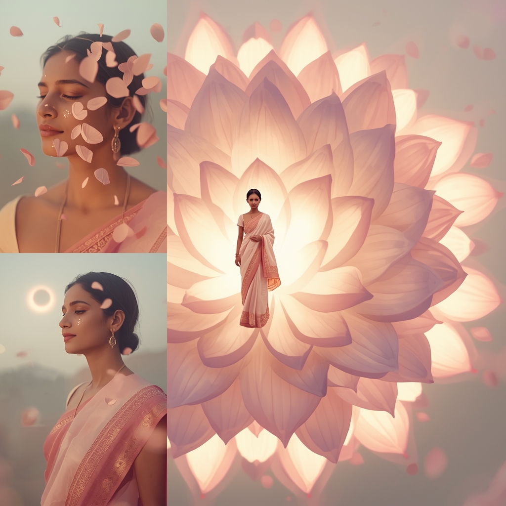 Lotus Energy Bloom Pastel Saree Image Prompt Divine Aura Cinematic Collage Saree Prompt | Saree Pose Ai Prompt