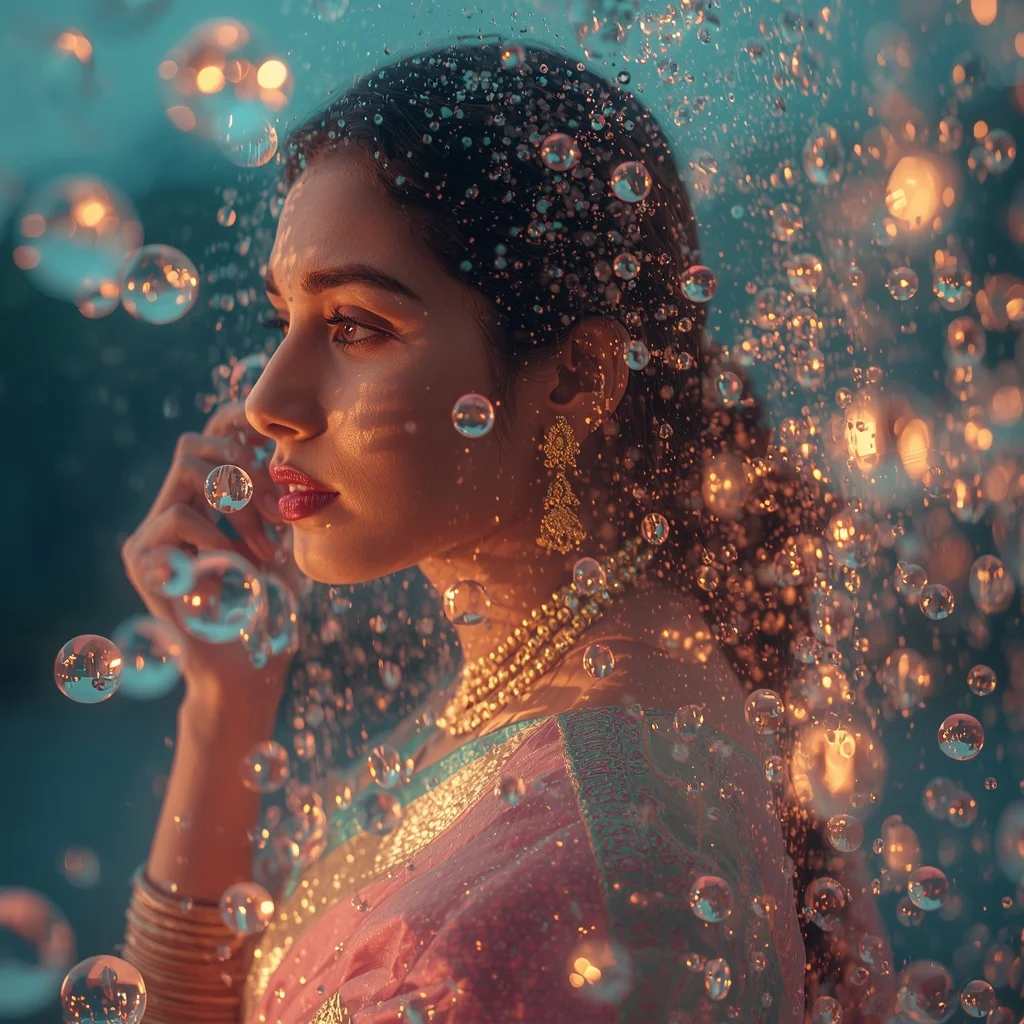 Luminous Water Droplet Sphere Pastel Saree Image Prompt Liquid Glow Cinematic Collage Saree Prompt | Saree Woman Ai Prompt