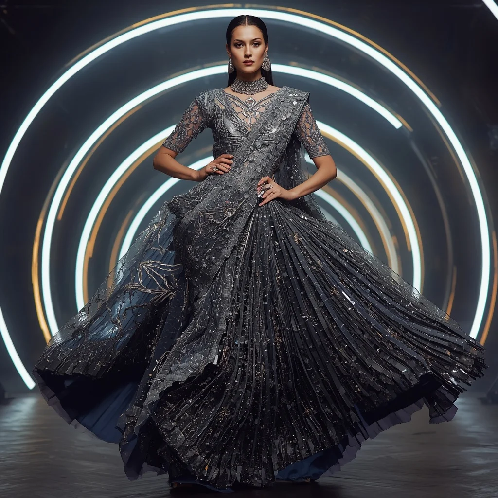 Lunar Eclipse Crystal Saree with Infinity Arc Fortress | Saree Look Ai Prompt
