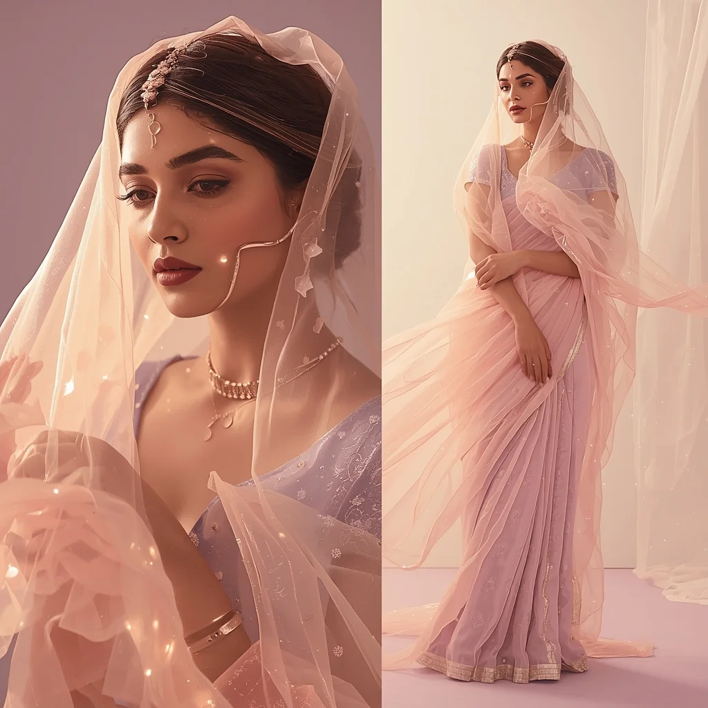 Magical Enchanted Pastel Saree Light Veil - | Image Prompt | Saree Instagram Ai Prompt