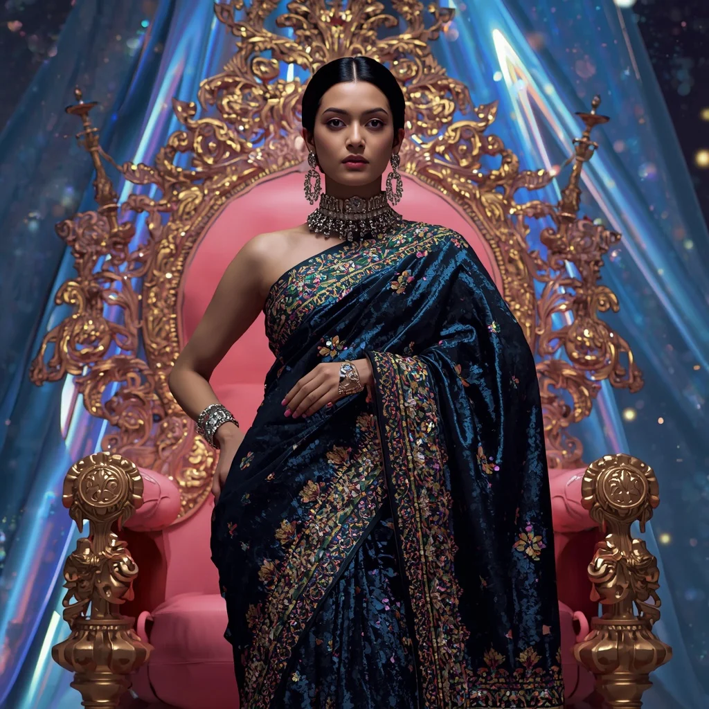 Midnight Aurora Crownseraph Saree with Prism Throne Celestiverse and Chromatic Bloom Paradisefire | Gemini Prompt