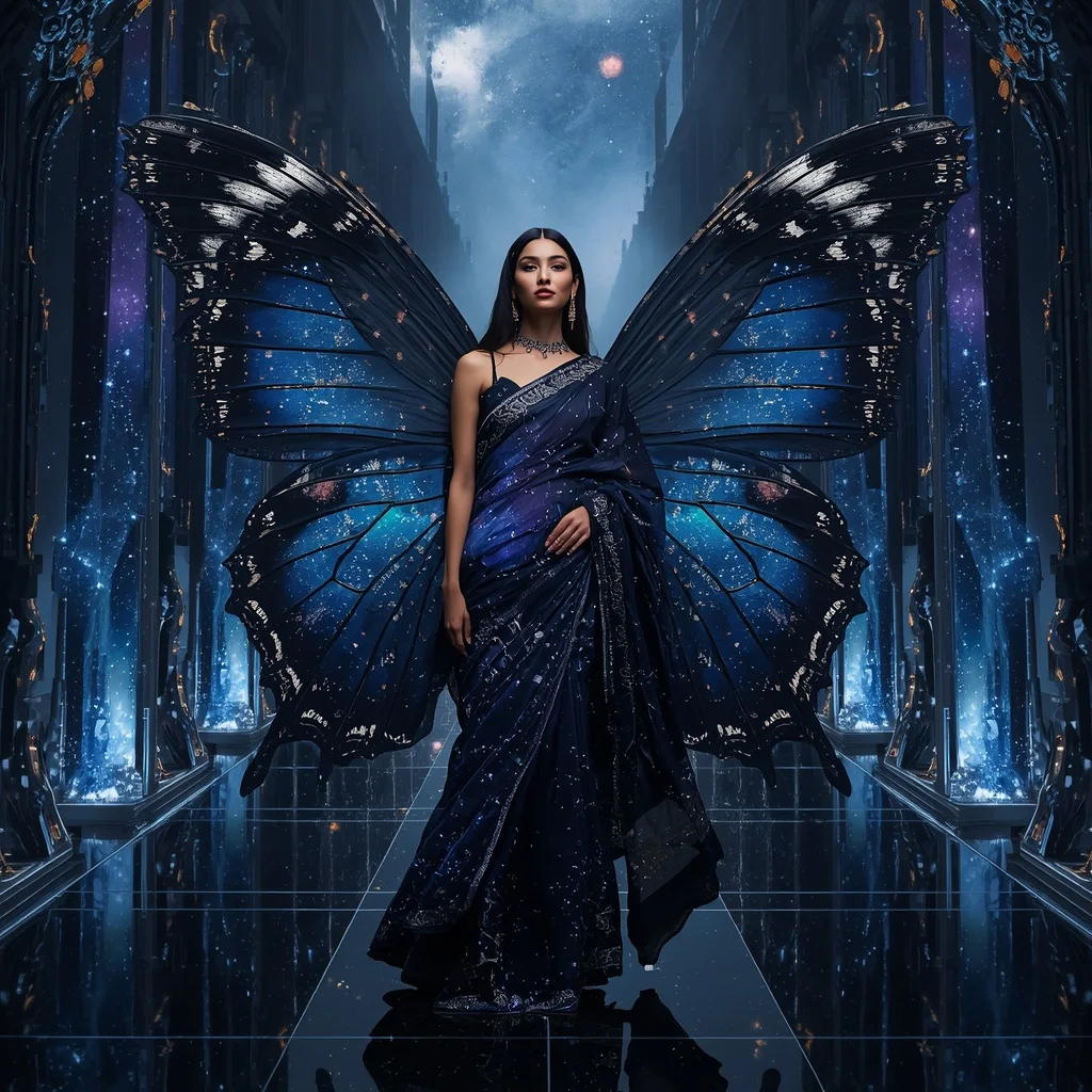 Midnight Galaxy Butterfly Saree with Multiple Cinematic Poses and Cosmic Fantasy Hall Background | Instagram Profile Pic Ai Prompt