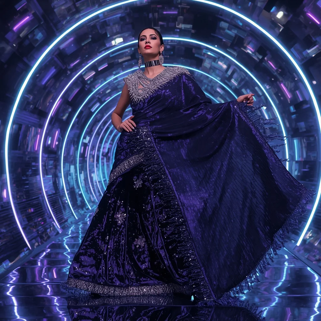Midnight Galaxy Mirror Saree with Floating Neon Halo Tunnels | Pre Wedding Ai Prompt