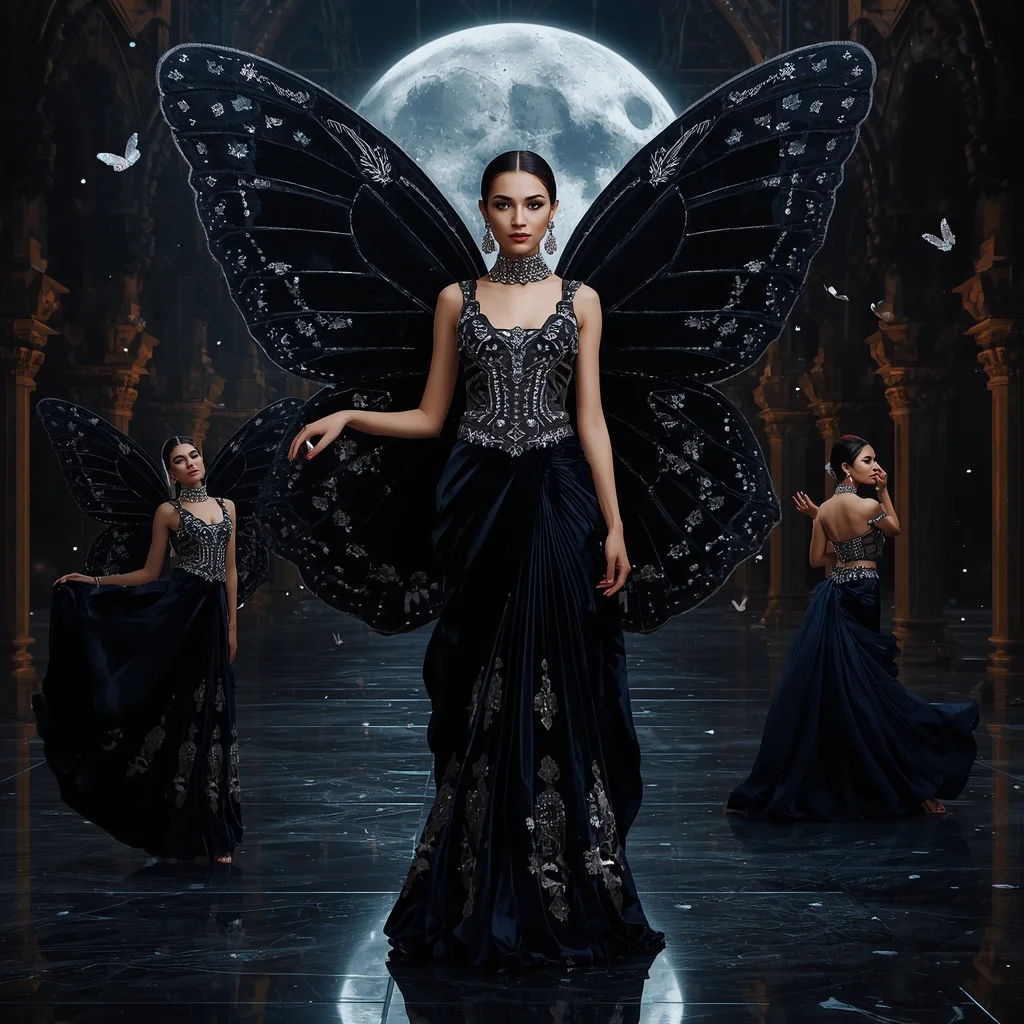 Midnight Velvet Butterfly Eclipse Saree – Dark Fantasy Multi-Pose Couture with Moon Palace Background | Ideogram Ai Prompt