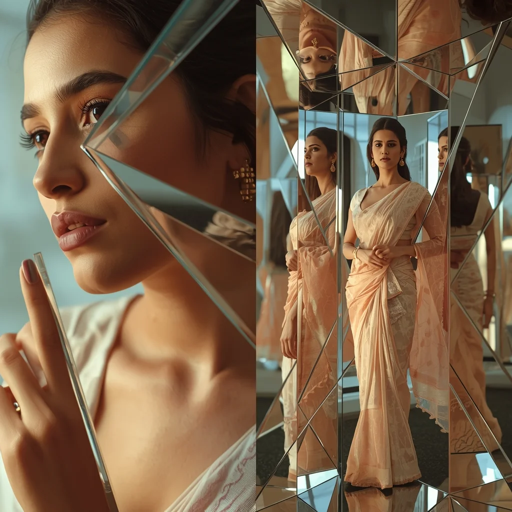 Mirror Fragment Layers Pastel Saree Image Prompt Reflective Geometry Cinematic Collage Saree Prompt | Saree Look Ai Prompt Modern Style