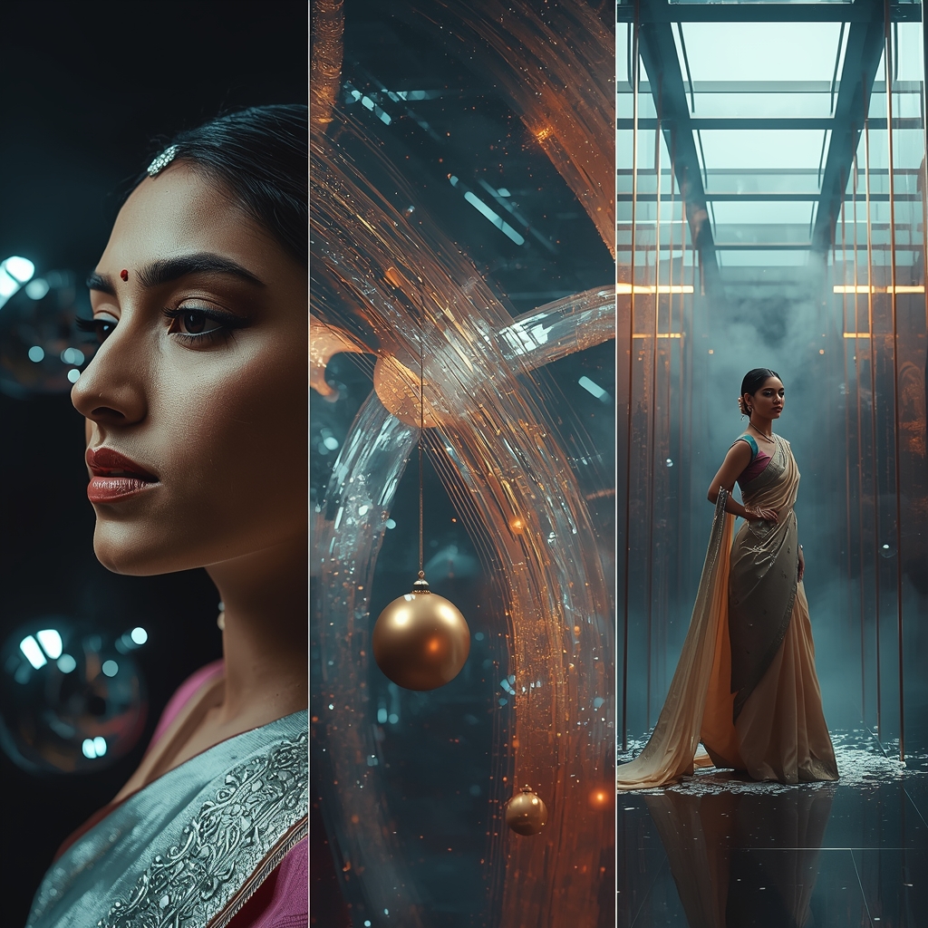 Molten Platinum Zero Gravity Liquid Sphere Saree Collage | Saree Selfie Ai Prompt