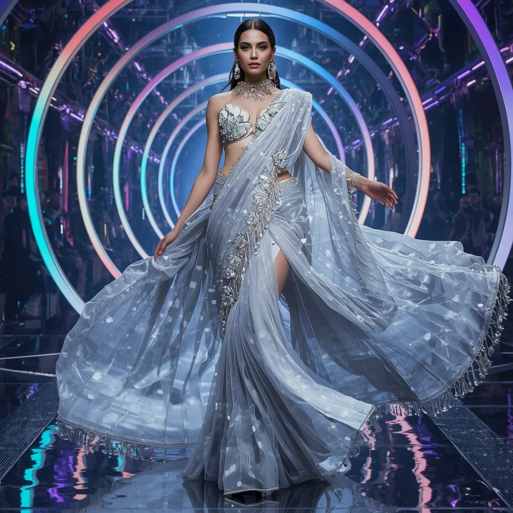 Moonstone Thunder Drape Saree with Floating RGB Rings | Motivation Ai Prompt