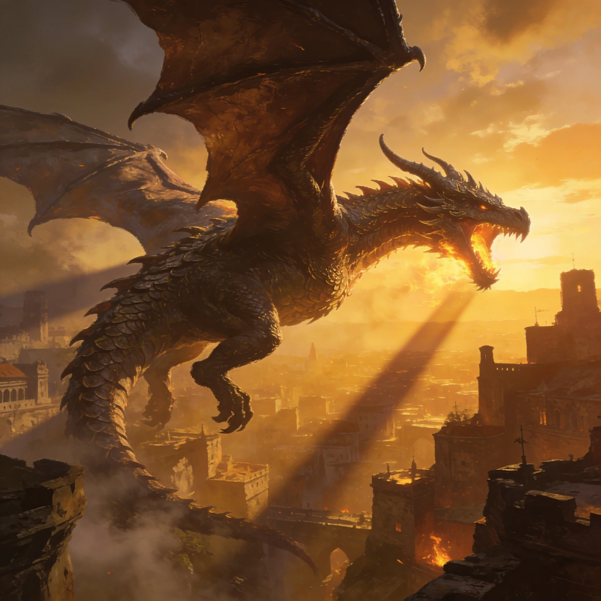 Mythical Dragon Flying Over Ancient City at Sunset | Prompt Engineering