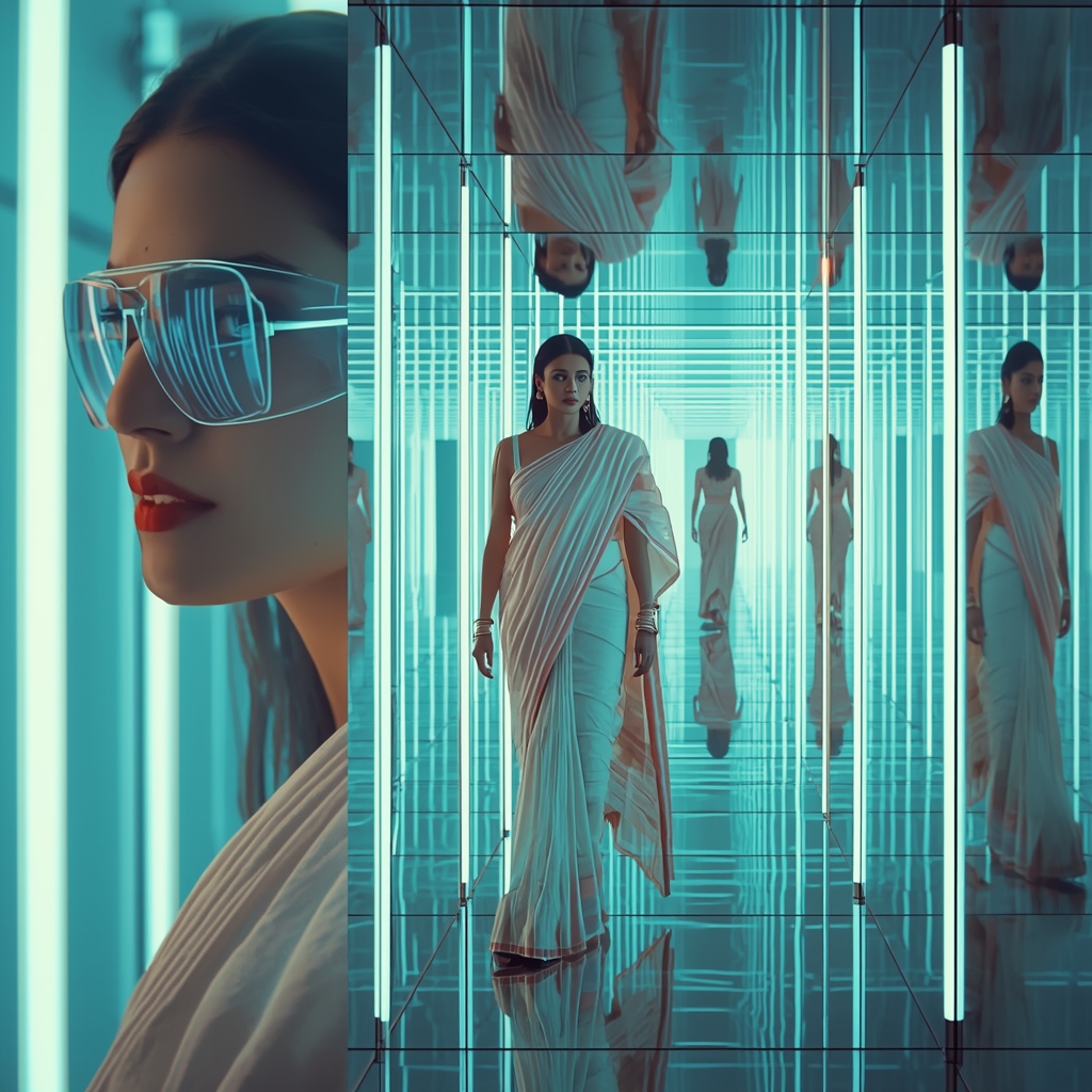 Neon Light Corridor Pastel Saree Image Prompt Futuristic Reflection Cinematic Collage Saree Prompt | Gemini Saree Prompt Text