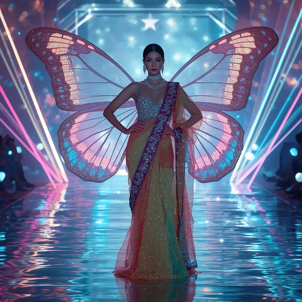 Neon Stardust Butterfly Saree with Futuristic Prism Arena Background | Korean Ai Prompt