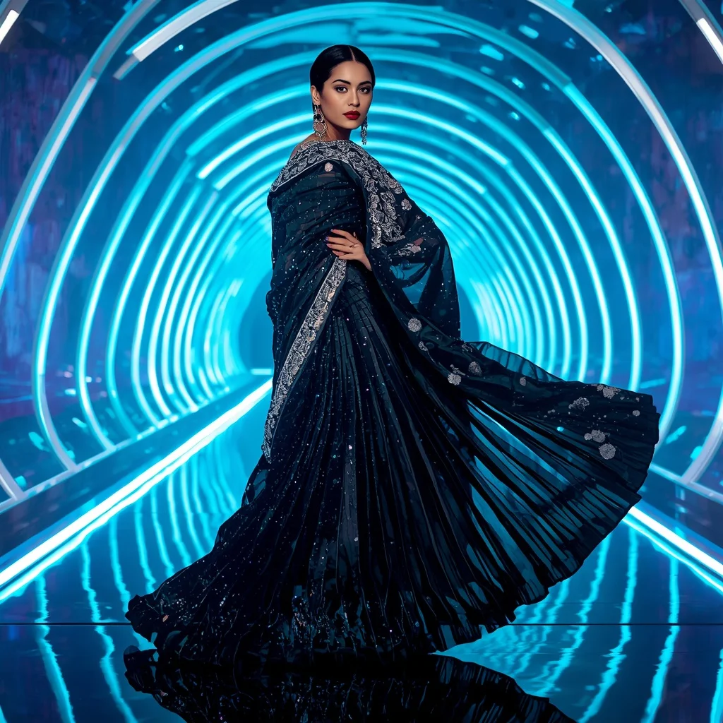 Obsidian Aurora Flame Saree with Floating Neon Chamber | Dslr Portrait Ai Prompt