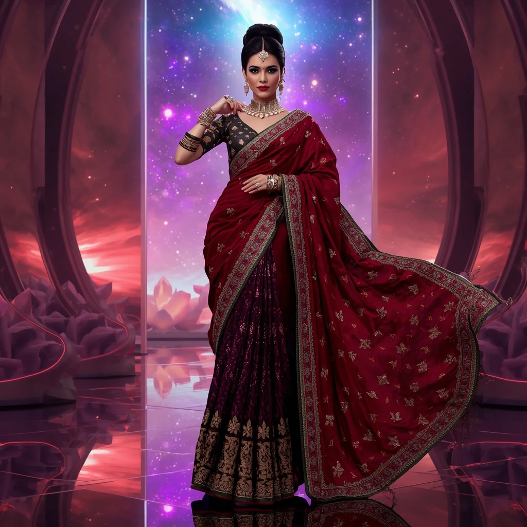 Obsidian Crimson Valkyra Saree with Quantum Fire Celestiverse and Spectrum Lotus Infinitygates | Fashion Influencer Ai Prompt
