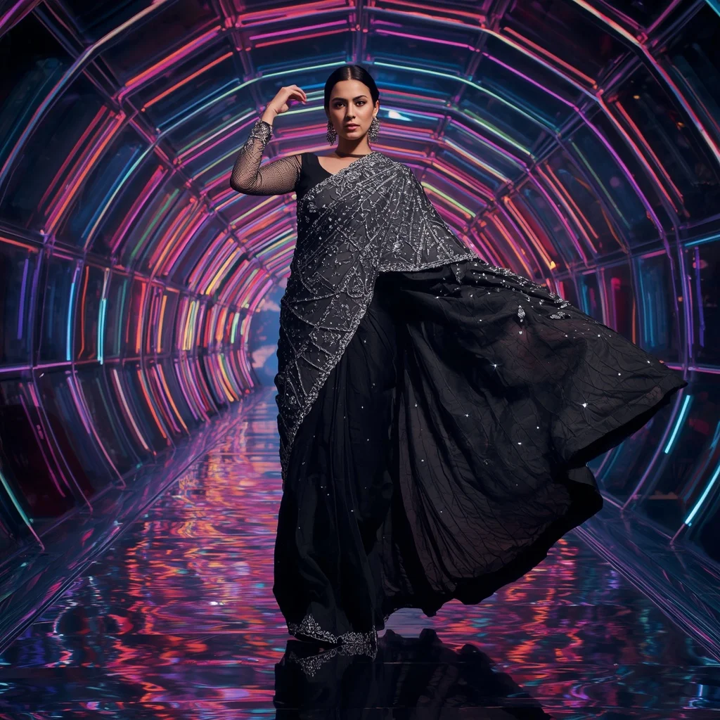 Obsidian Galaxy Festival Saree with Prism Light Dome | Saree Photoshoot Pose Prompt
