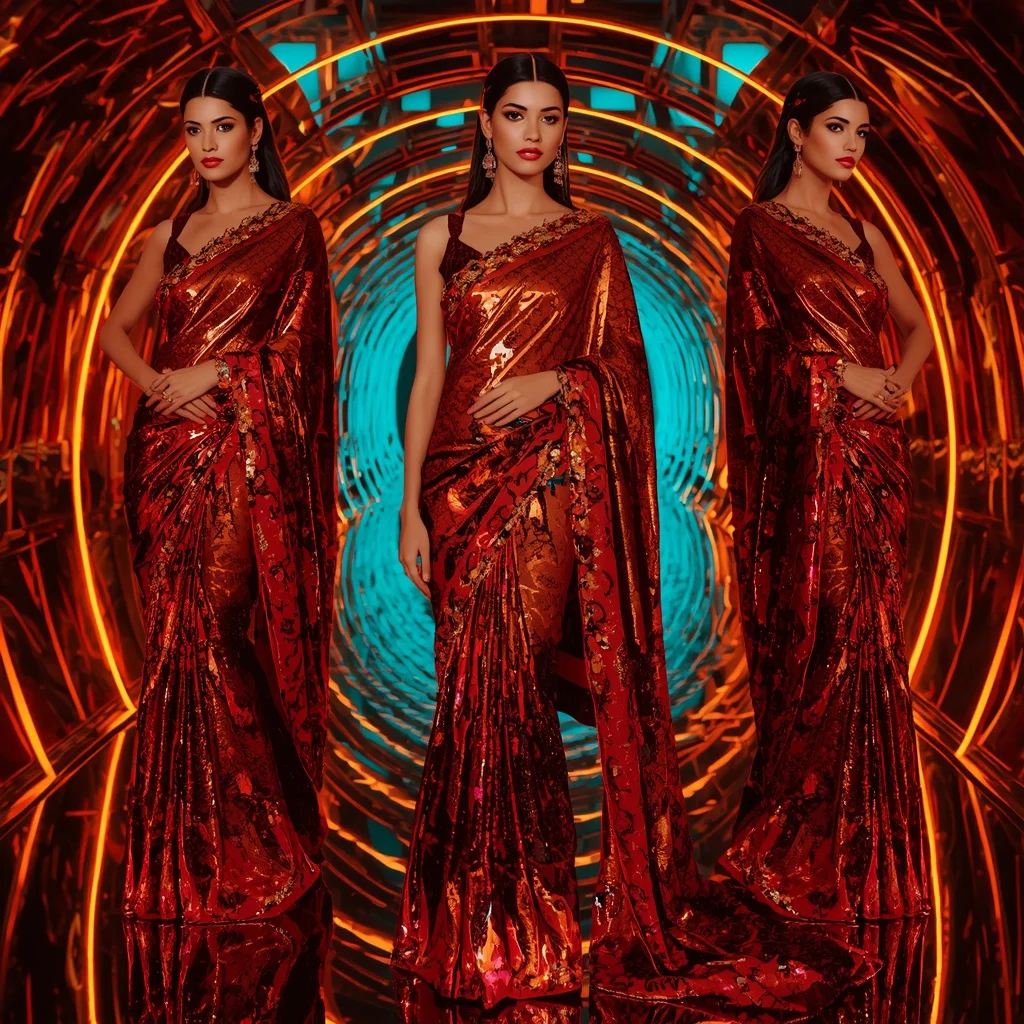 Obsidian Inferno Metallic Saree with Curved Neon Corridor | Saree Woman Ai Prompt