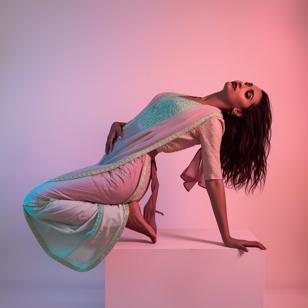 Pastel Indo-Western Girl Reverse Lean Edge Balance Pose | Festival Prompt