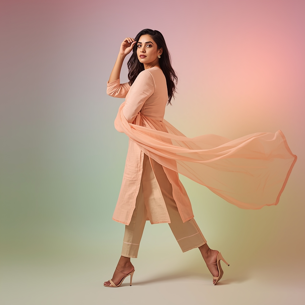 Pastel Kurta Set Girl Cross Step Pivot Soft Flow Pose | Flux Ai Prompt