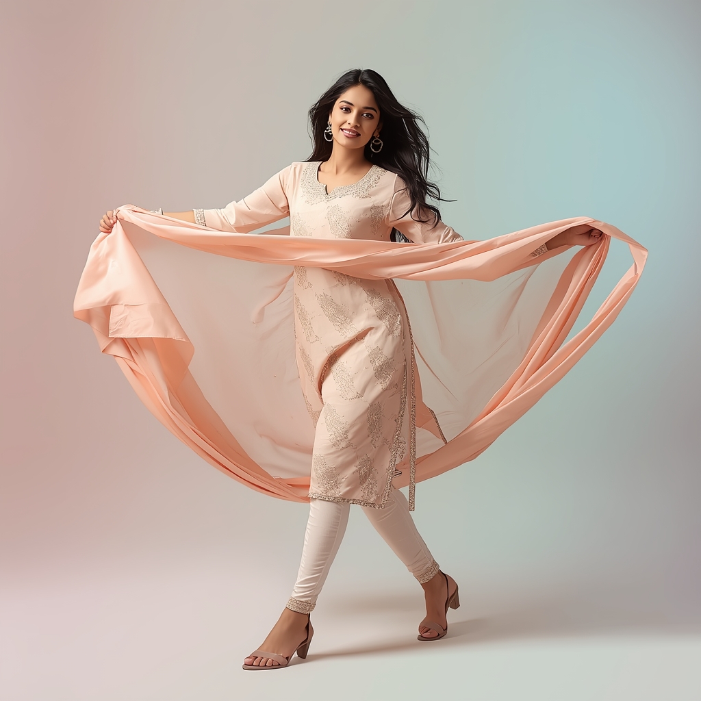 Pastel Kurta Set Girl Soft Walk Dupatta Frame Pose | Viral Ai Image Prompt