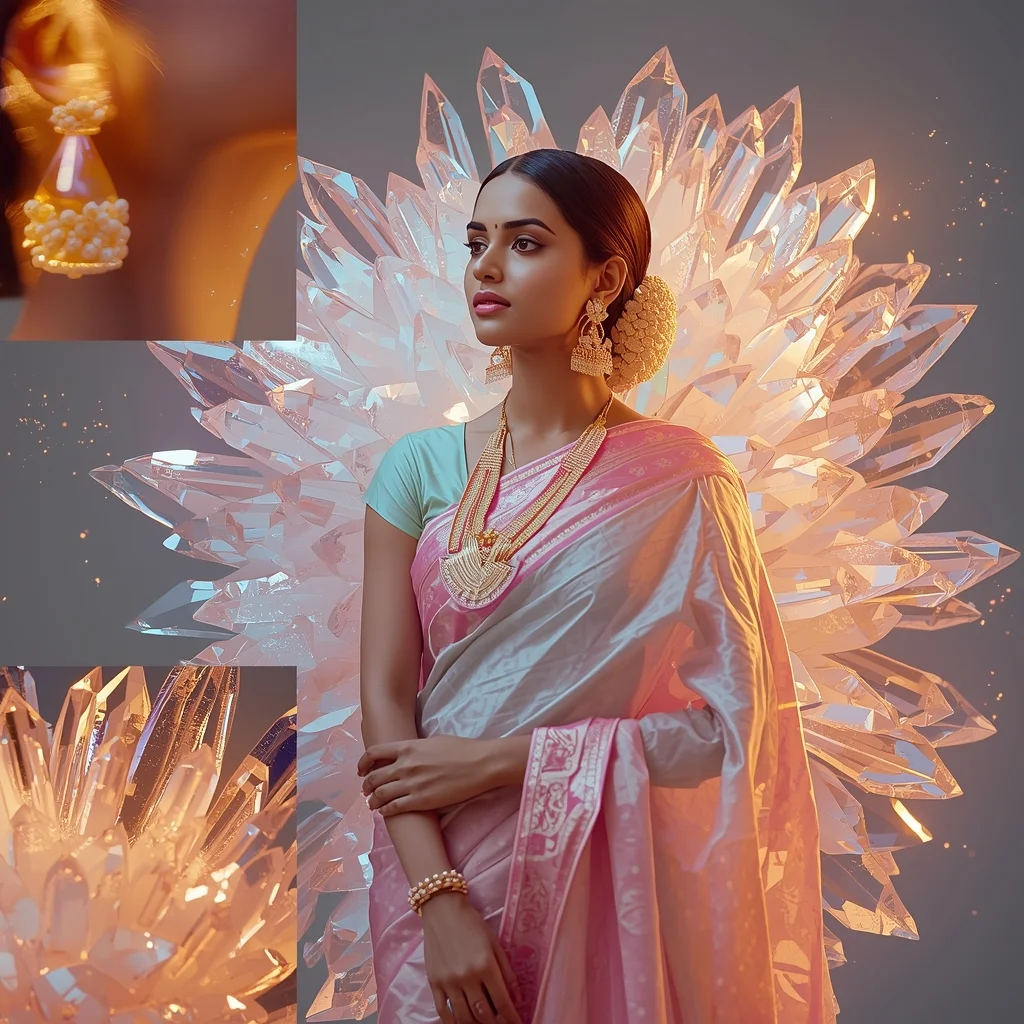 Pastel Saree Crystal Bloom Explosion Collage Cinematic Prompt | Beautiful Saree Girl Ai Prompt Cinematic